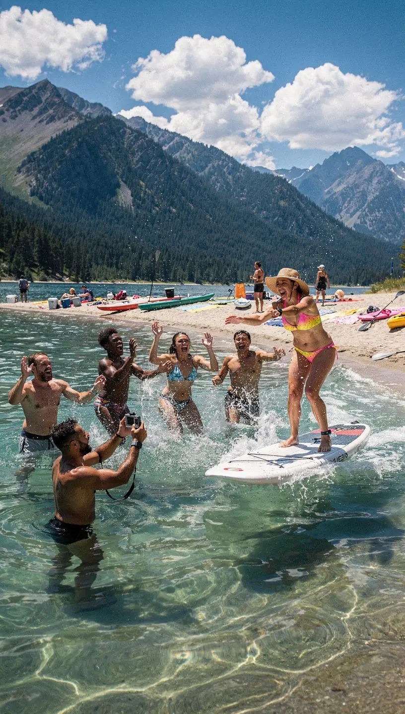 Группа друзей, разжигающих костер у озера после долгого дня приключений.